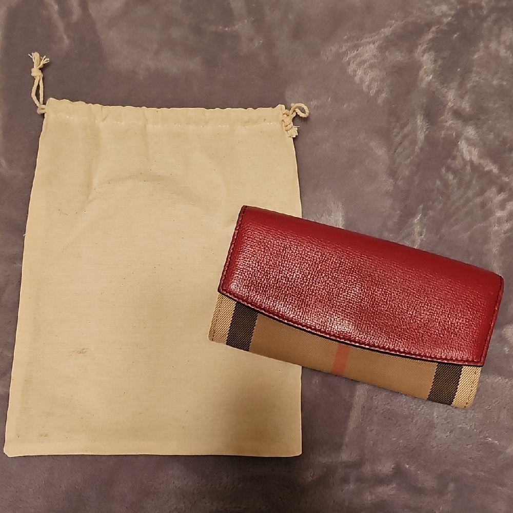 Burberry Long Wallet,  Tan Plaid, Fuscia Accents